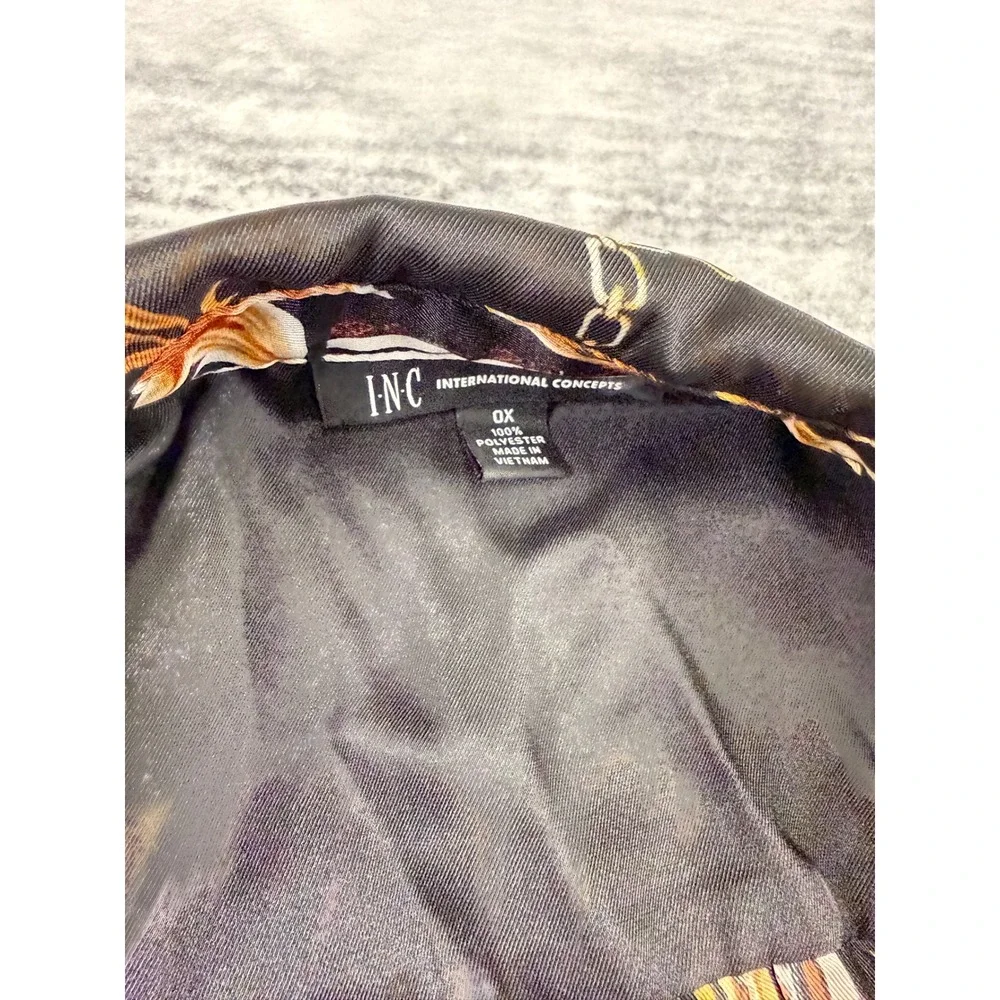 INC International Concepts Womens 0X Black Gold Scarf Print Tie Front Blouse Top
